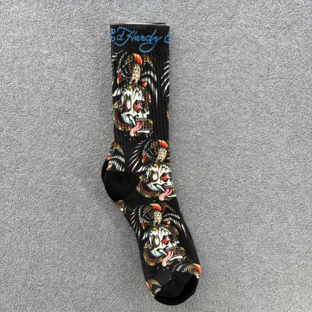 Ed Hardy Socks Mens One Size Black Skull Snake Tattoo Print Mid Calf